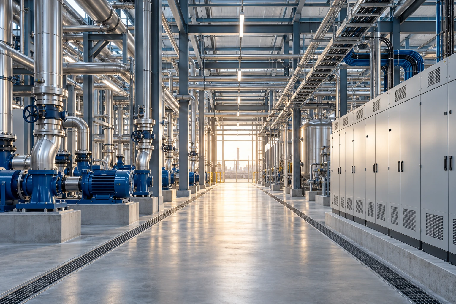 Illustrative modern industrial plant with organized mechanical, electrical and plumbing systems