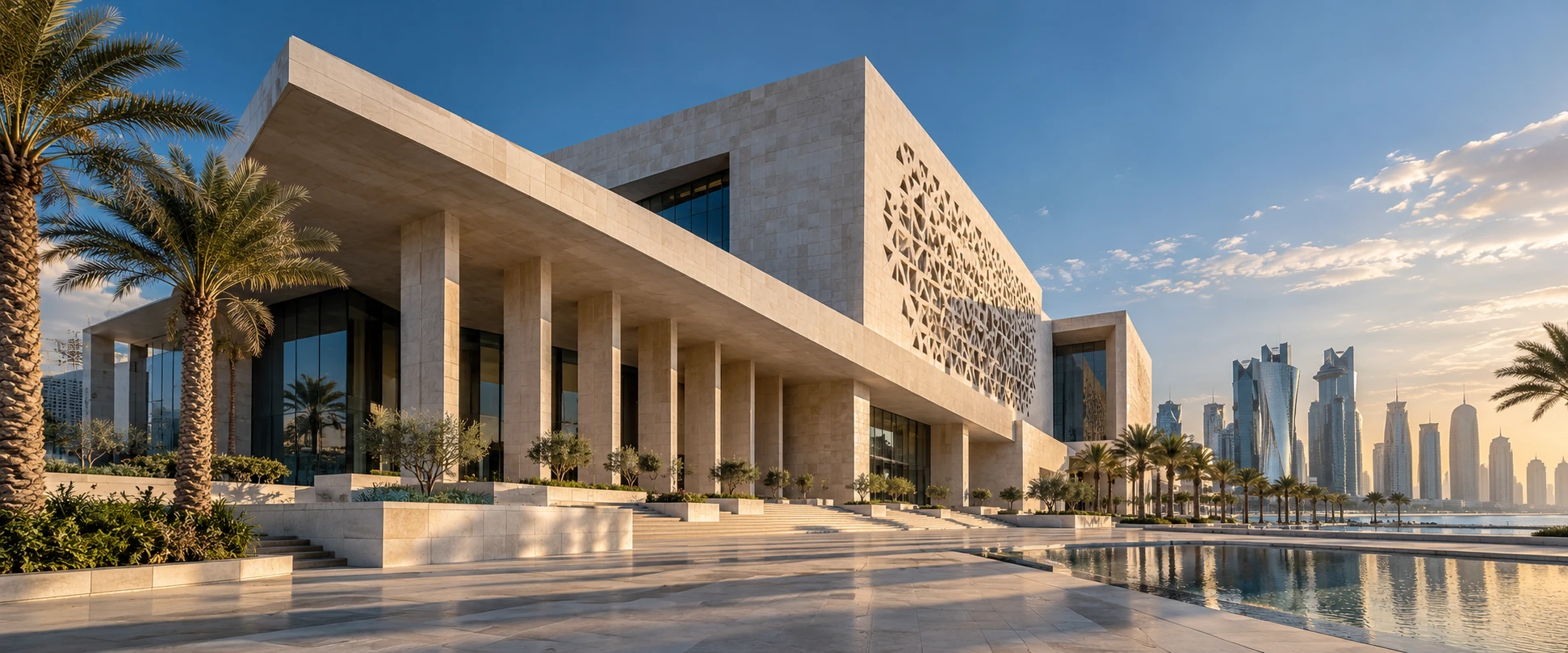 Architectural concept of a contemporary limestone building with a Doha-inspired skyline