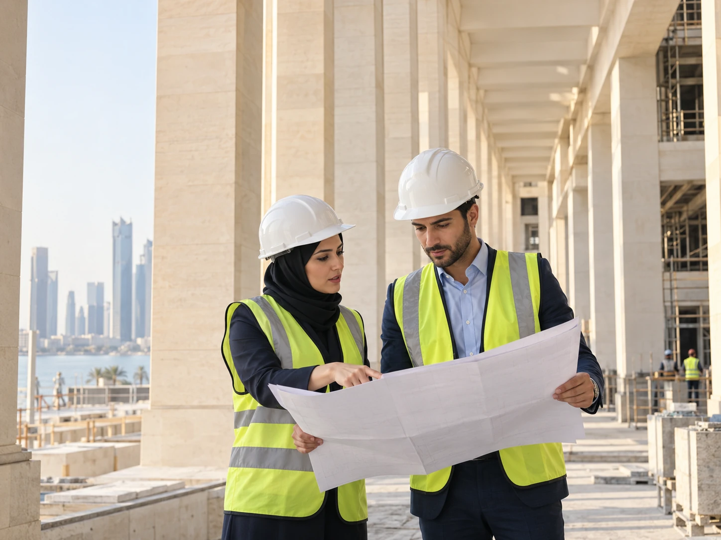 Illustrative image of two engineers reviewing a plan at a construction site
